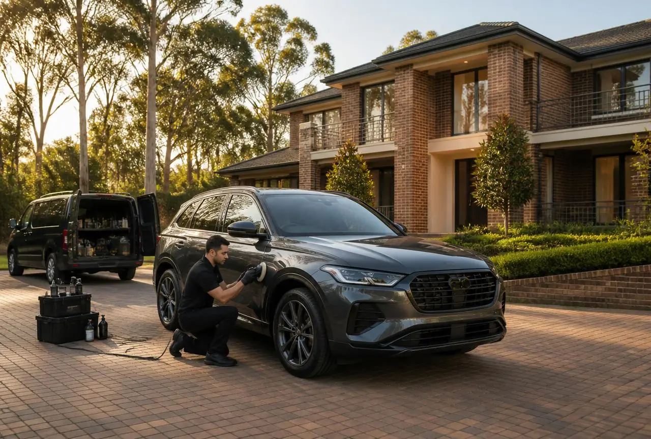 Mobile car detailing Hills District — detailer polishing a dark SUV on a brick driveway at a Castle Hill home