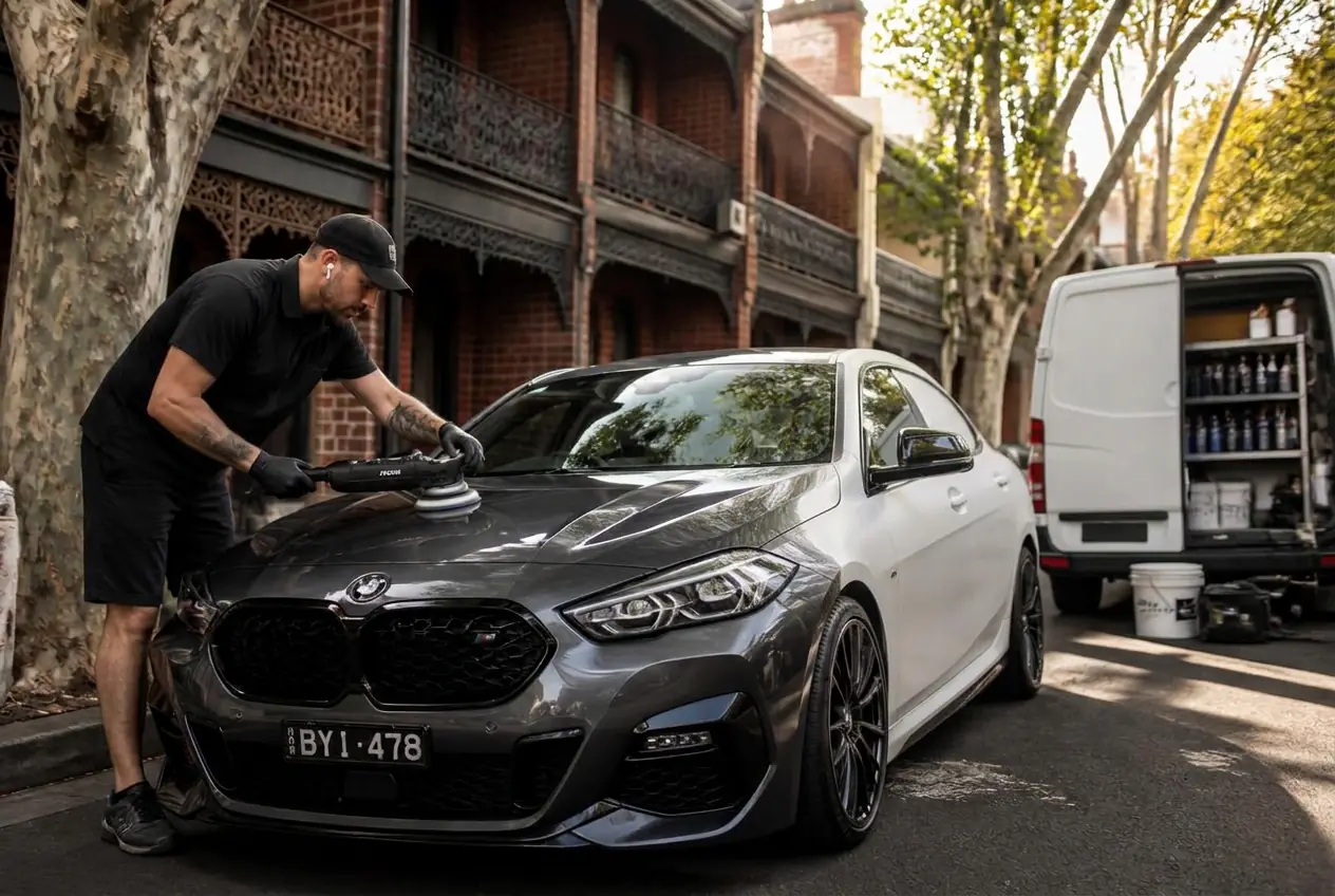 Mobile car detailing Inner West — detailer machine polishing a grey hatchback outside a Balmain terrace