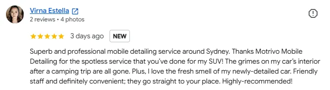 Google review from Virna Estella for Motrivo Mobile Detailing