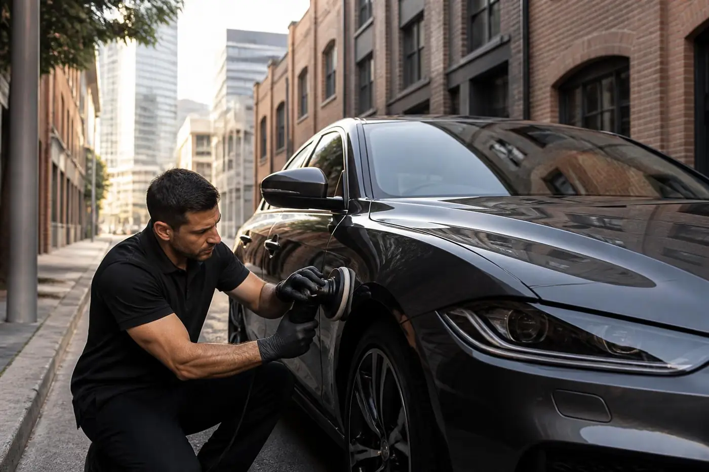 Mobile car detailing Sydney City — detailer machine polishing a dark sedan on an inner-city street near Barangaroo